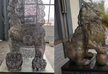 編織獅子雕塑定價，透雕動物雕塑，鏤空不銹鋼獅子雕塑