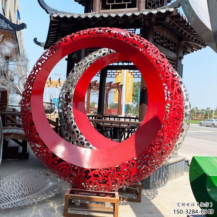 雙環雕塑生產，鏤空烤漆工藝，不銹鋼雙環雕塑制作